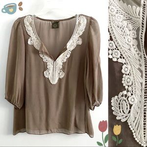 Anthro Fei 100% silk boho-chic sheer top, tan